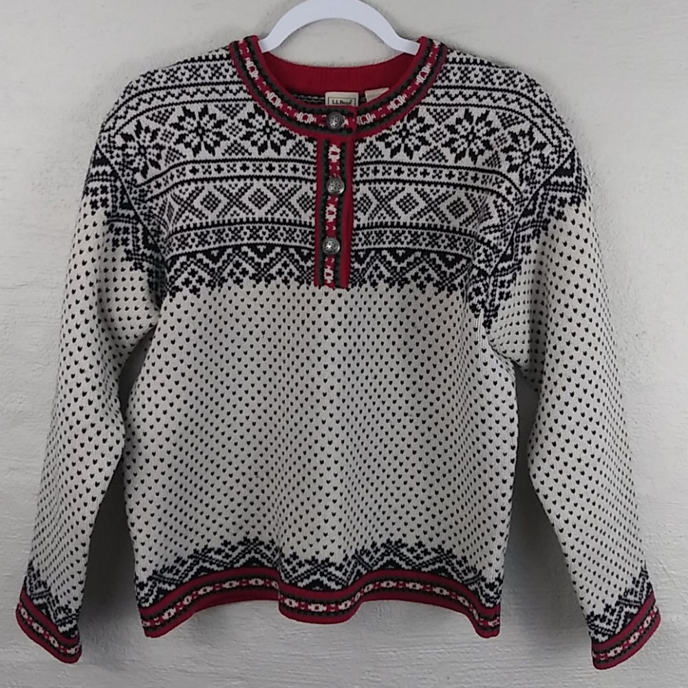 L.L. Bean Tan Fair Isle Wool Crew Neck Sweater